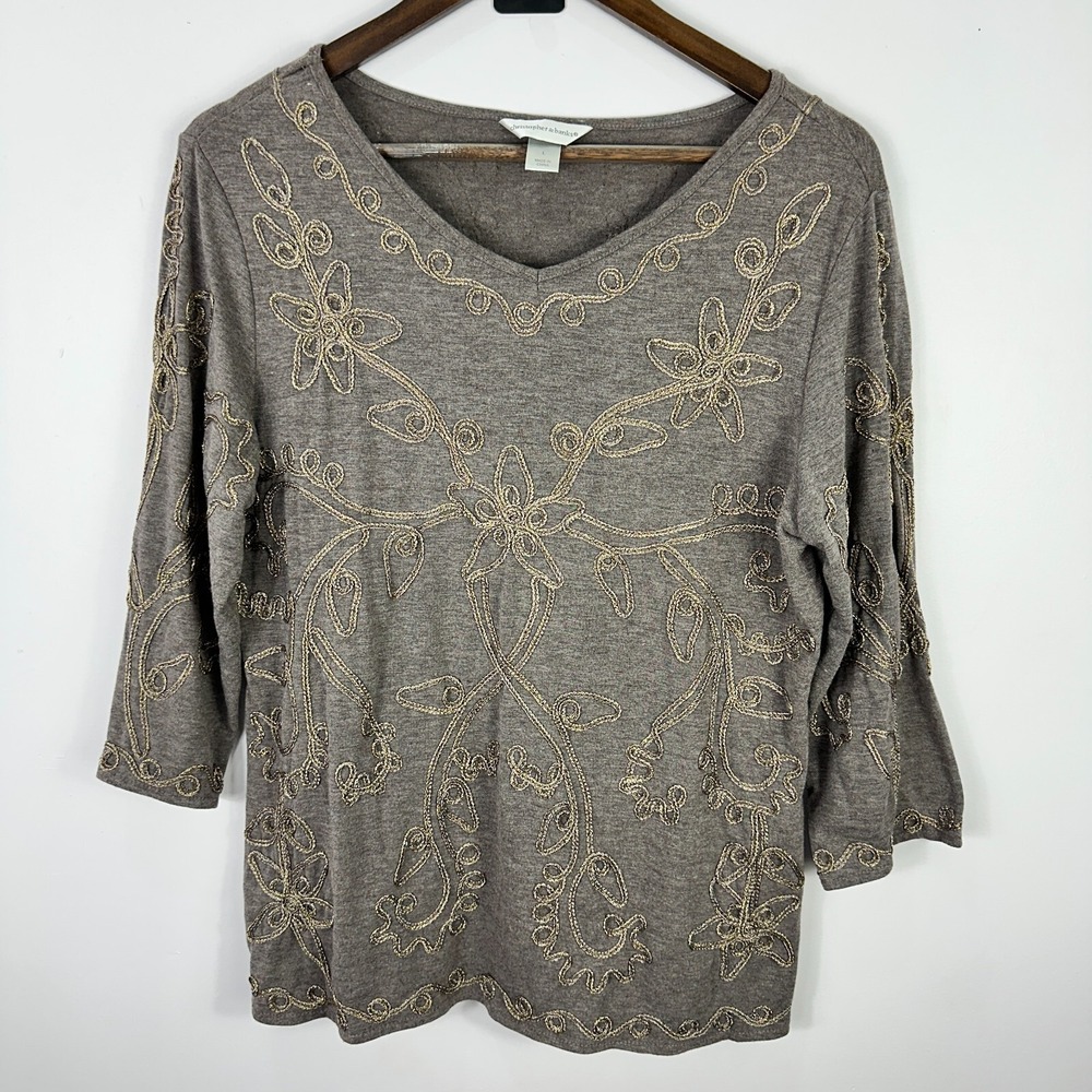Christopher & Banks Top Womens Large Taupe Gold Metallic Floral Embroidered Boho